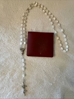 White Bead Rosary Necklace with Silver Crucifix from The Vatican